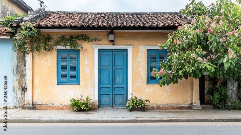 Obraz premium Beige wall in Galle, Sri Lanka with a blue door for architecture