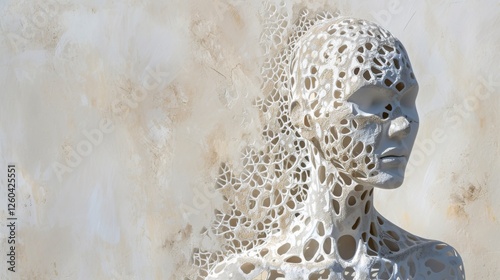 Obraz na płótnie A captivating sculpture of a human head featuring a detailed organic lattice texture, blending abstraction and realism with a neutral, textured background. AI generated. w salonie