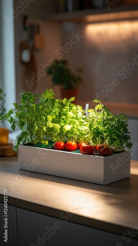 Cherry tomatoes and basil growing in smart indoor garden with led grow light photo