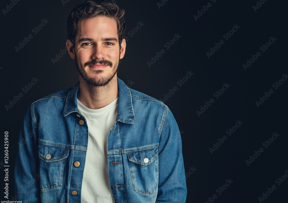Obraz premium Studio portrait of a happy man wearing a denim shirt over a white t-shirt, set against a black background. He has short hair, a beard, and brown eyes, smiling with his teeth showing while looking dire