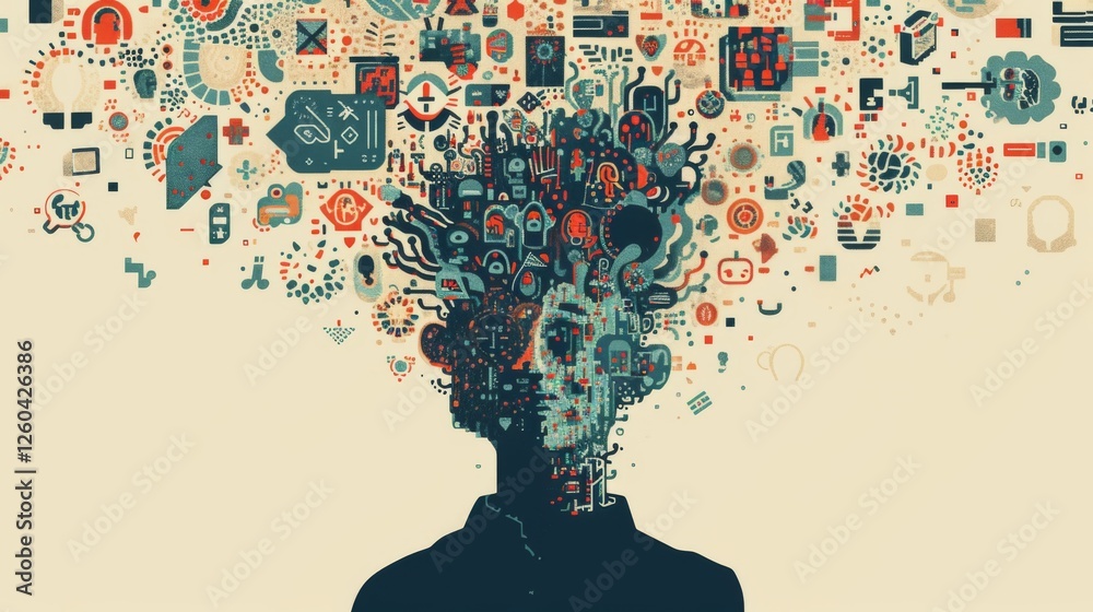 An abstract representation of a human figure with a head bursting with vibrant symbols and ideas, symbolizing creativity, innovation, and imagination. AI generated.