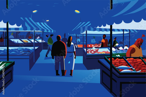 A vibrant, bustling fish market overflowing with colorful stalls, displaying fresh seafood, surrounded by busy vendors and customers.