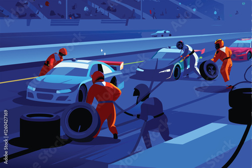 A high-octane pit stop during a Formula 1 race; frantic mechanics changing tires, refueling, and making repairs under intense pressure.