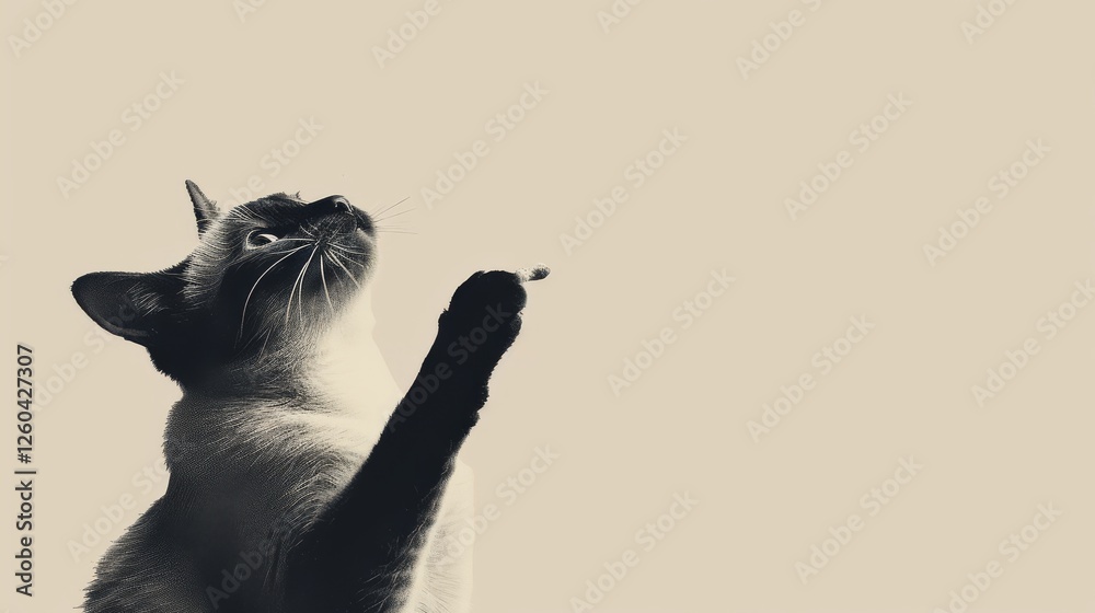 High-contrast monochrome image of a cat reaching upward, evoking elegance and grace through minimalist lighting and composition. AI generated.