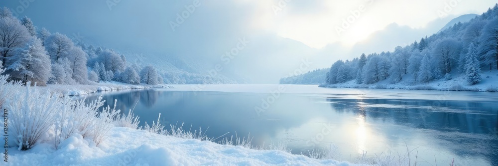 Frosty landscape with a frozen lake in the background, cold weather, frosty landscape, serene environment Frosty landscape with a frozen lake in the background, cold weather, frosty landscape, serene environment