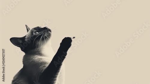 High-contrast monochrome image of a cat reaching upward, evoking elegance and grace through minimalist lighting and composition. AI generated.