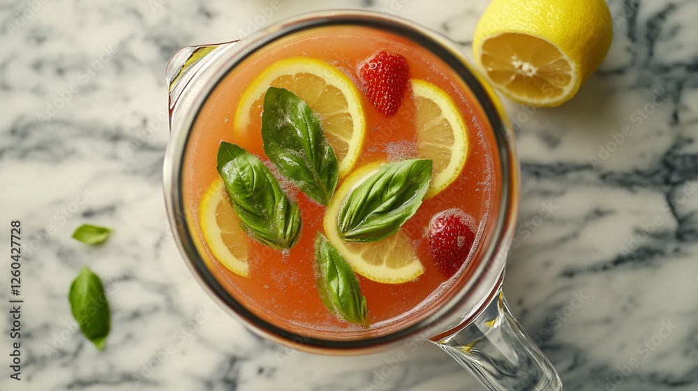 A top-down view of a glass pitcher with strawberry basil lemonade, floating basil leaves, and thin lemon slices, set on a marble surface