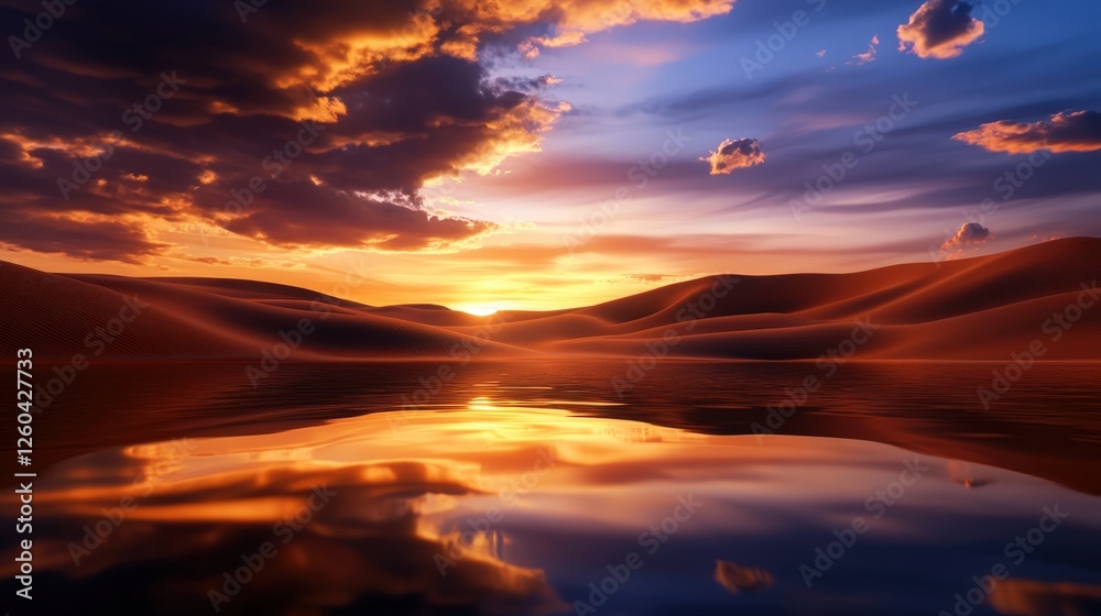 Obraz premium A stunning sunset over a serene desert, reflecting vibrant colors in a tranquil body of water. The vastness and beauty of nature evoke a sense of peace and wonder.
