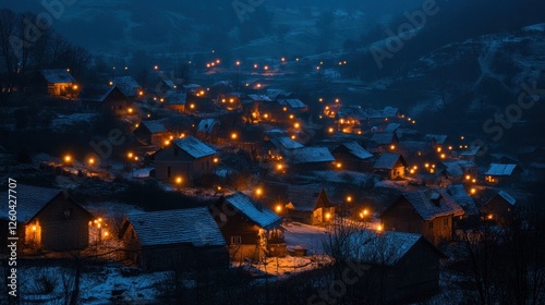 Wallpaper Mural Enchanting twilight village nestled among softly rolling snowy hills Torontodigital.ca