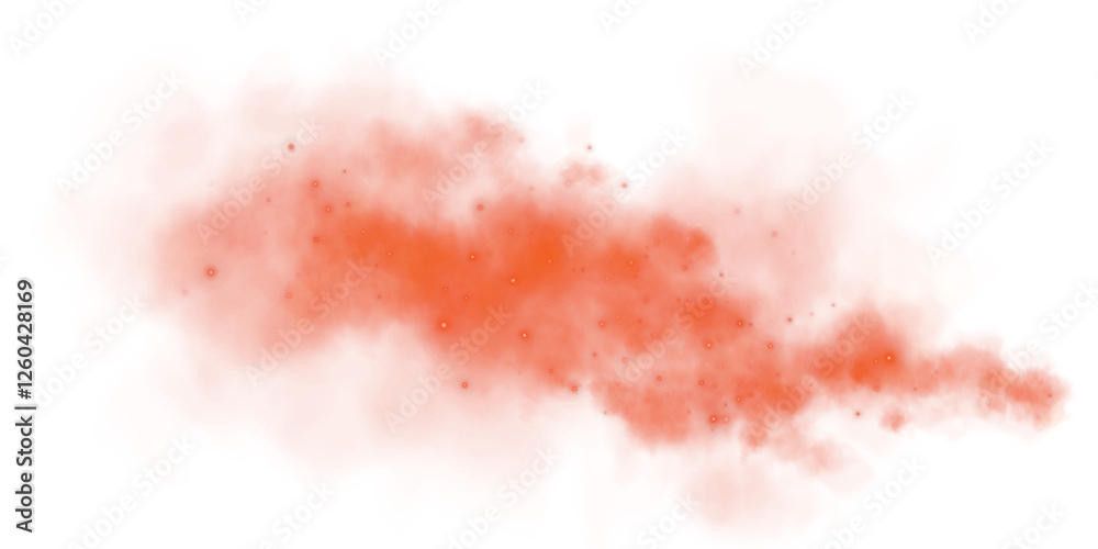 Fototapeta premium Fantastic red smoke background. Magic red smoke with glitter and small particles of twinkling stars. Fog with luminous particles. Red vapor with stardust. Morning fog over land or water surface. PNG.