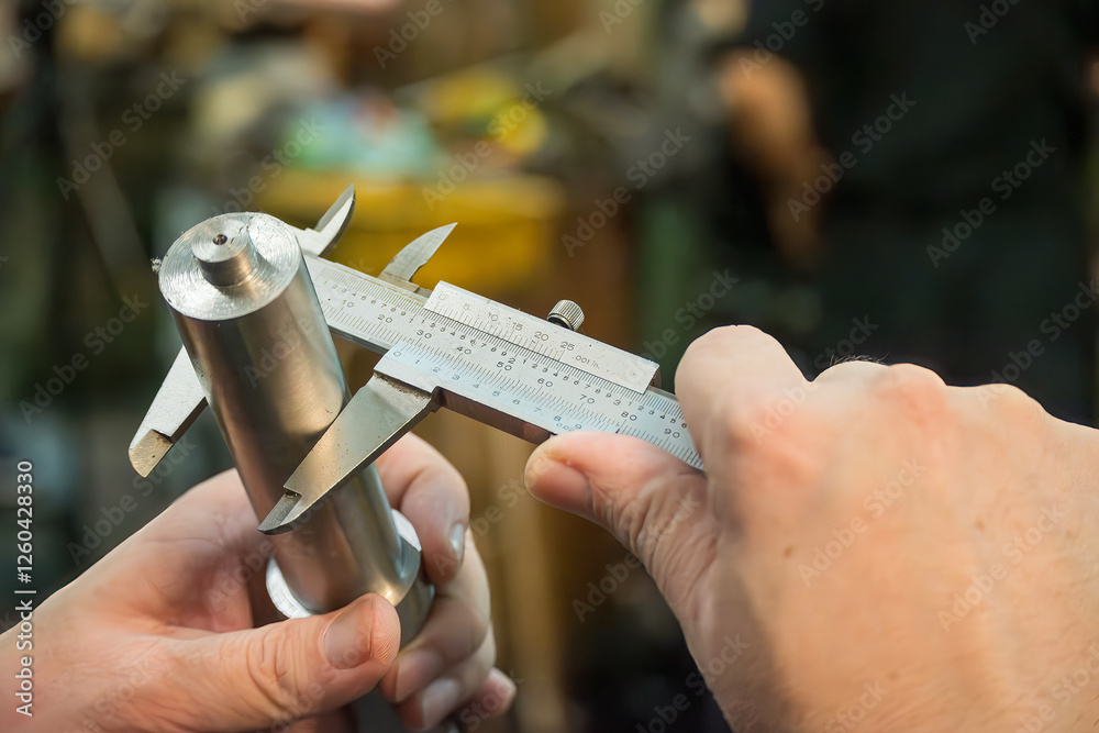 Fototapeta premium Close up scene the lath machine operator measuring dimension of turning parts by Vernier caliper.