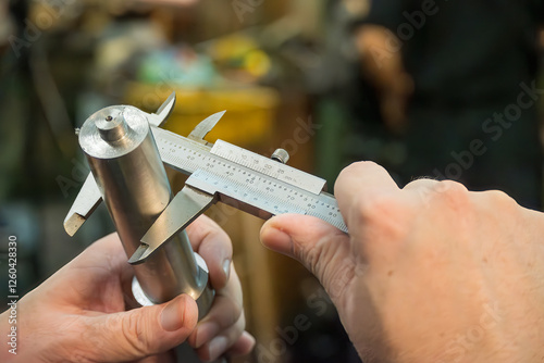 Close up scene the lath machine operator measuring dimension of turning parts by Vernier caliper.