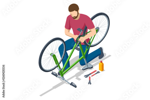 An isometric illustration of a man repairing a green bicycle. The bike is upside down, and he is adjusting the chain. Tools and lubricant are placed nearby.