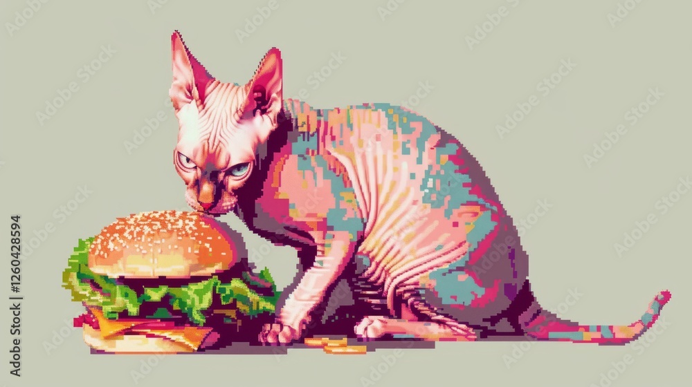 A vibrant pixel art depiction of a Sphynx cat beside a large burger topped with sesame seeds, lettuce, and tomato, on a plain green backdrop. AI generated.