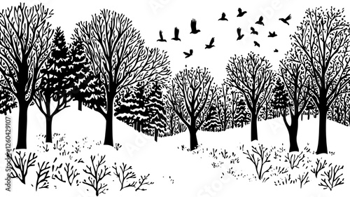 Linocut style tree and nature set. Black birds, branches, trees