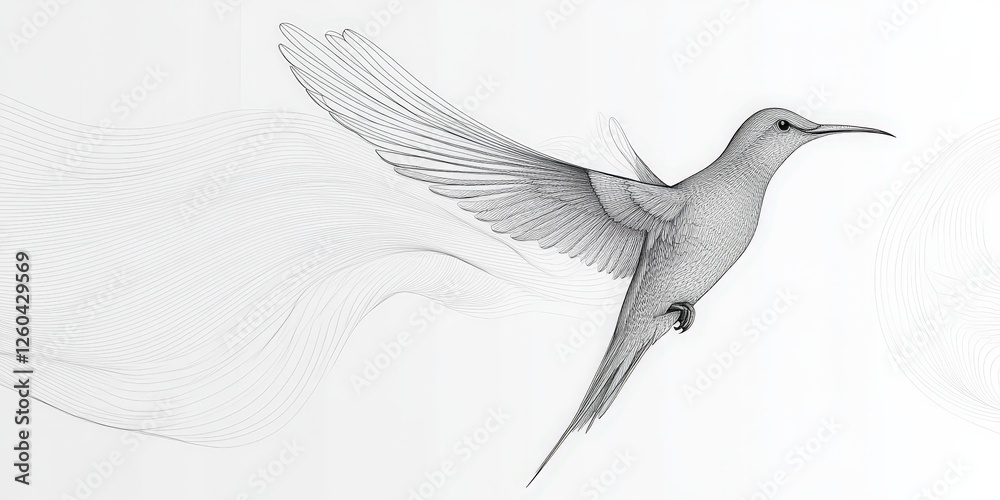 Obraz premium A detailed line drawing captures a vibrant hummingbird mid-flight, its slender body poised as it darts rightward. With a long, curved beak and elegantly arched tail, the bird's expansive wings convey 
