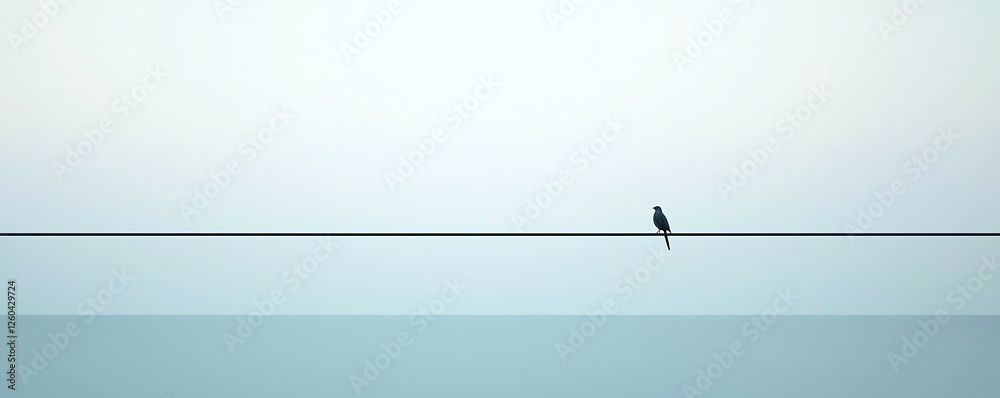 A solitary bird sits on a single, thin wire stretching across a soft pastel sky, creating a tranquil and balanced minimalist composition with a sense of freedom and stillness A solitary bird sits on a single, thin wire stretching across a soft pastel sky, creating a tranquil and balanced minimalist composition with a sense of freedom and stillness