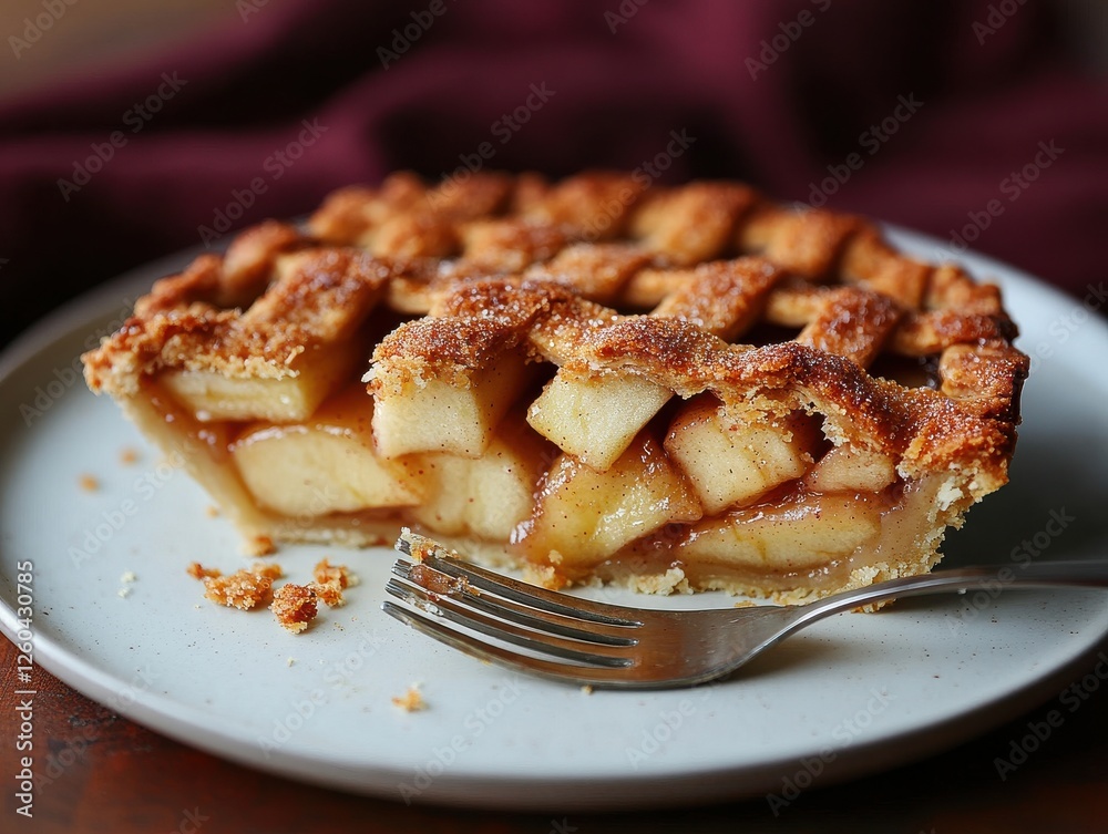 Delicious homemade apple pie with golden crust and cinnamon aroma served on a plate with fork beside, perfect dessert for gatherings and celebrations Delicious homemade apple pie with golden crust and cinnamon aroma served on a plate with fork beside, perfect dessert for gatherings and celebrations