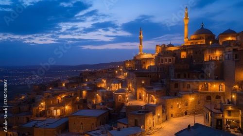 Mardin's Zinciriye Medresesi, also known as Sultan Isa Madrasa, glows at dusk. photo