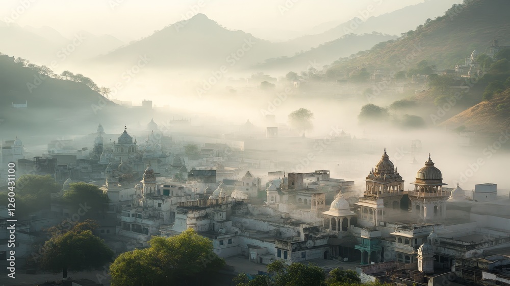 Misty morning over the holy city of Pushkar in India. Misty morning over the holy city of Pushkar in India.