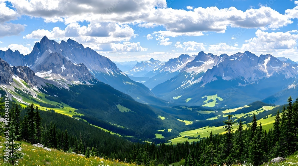 Fototapeta premium Majestic Mountain Valley with Lush Green Meadows and Snow-capped Peaks.