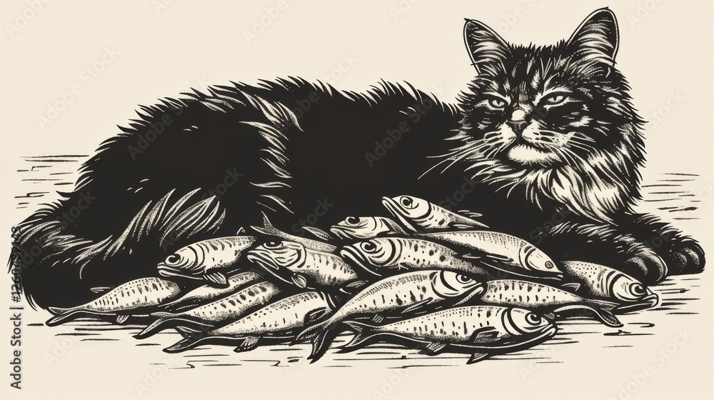 A monochrome vintage-style artwork featuring a fluffy cat lying near a pile of fish, with fine line details and a timeless aesthetic. AI generated.