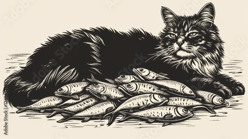 Obraz na płótnie A monochrome vintage-style artwork featuring a fluffy cat lying near a pile of fish, with fine line details and a timeless aesthetic. AI generated. w salonie