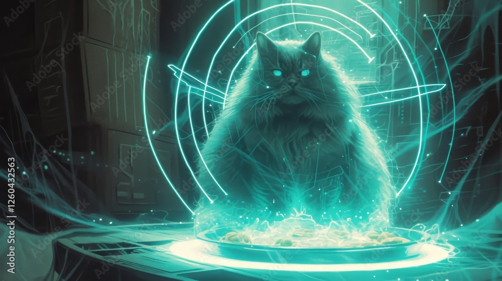 A majestic long-haired cat in a glowing futuristic setting, illuminated by a blue halo and surrounded by intricate digital patterns, exuding sci-fi vibes. AI generated.