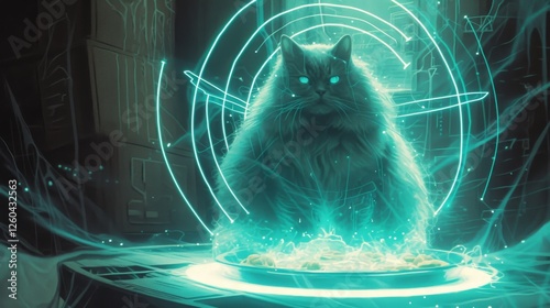 Obraz na płótnie A majestic long-haired cat in a glowing futuristic setting, illuminated by a blue halo and surrounded by intricate digital patterns, exuding sci-fi vibes. AI generated. w salonie