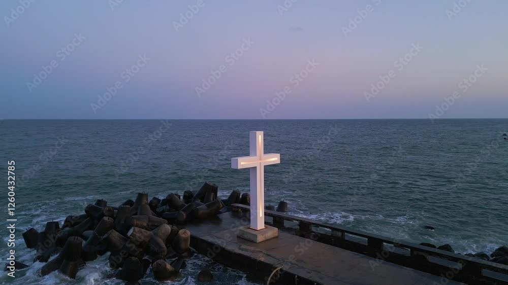 Illuminated cross on a pier extending into the ocean at twilight, surrounded by rocks and tetrapods. A serene and spiritual scene with a pastel sky and gentle waves reflecting light Illuminated cross on a pier extending into the ocean at twilight, surrounded by rocks and tetrapods. A serene and spiritual scene with a pastel sky and gentle waves reflecting light