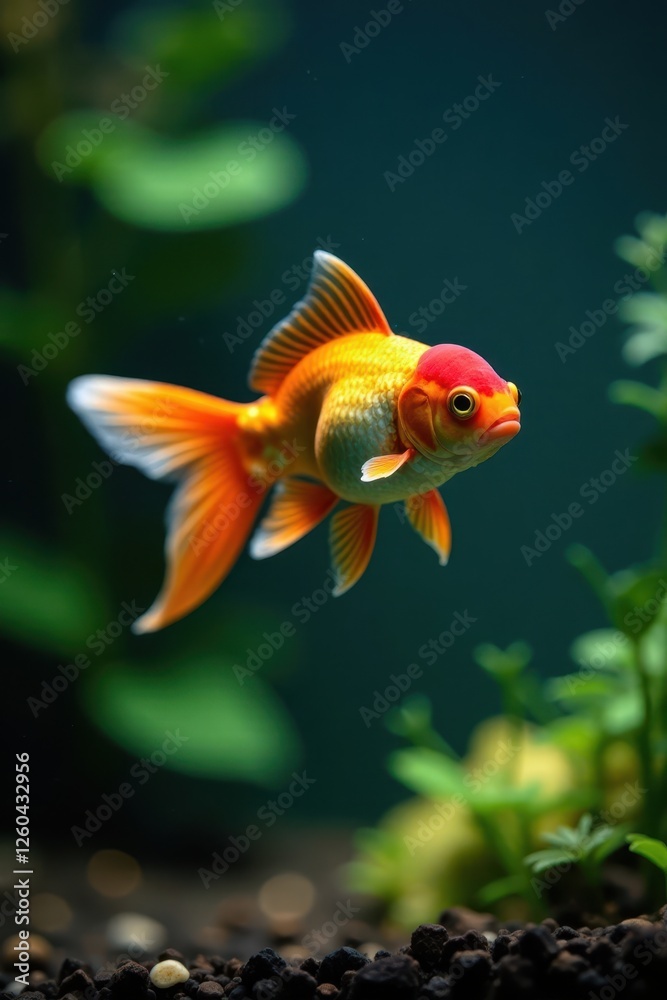 Single goldfish gracefully moves in planted aquarium, tank, nature Single goldfish gracefully moves in planted aquarium, tank, nature