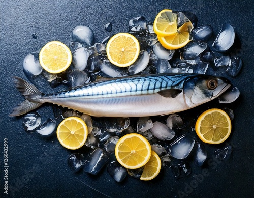 Fresh whole mackerel with ice cubes and lemon slices on the table, top view. photo