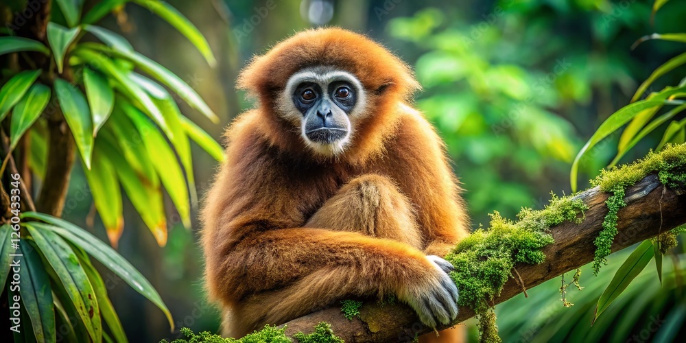 Javan Gibbon Portrait - Endangered Indonesian Primate in Rainforest Habitat Javan Gibbon Portrait - Endangered Indonesian Primate in Rainforest Habitat