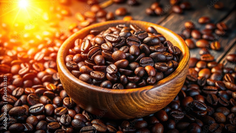 Fototapeta premium Overhead shot: a bowl overflowing with roasted coffee beans, a tempting aroma implied.
