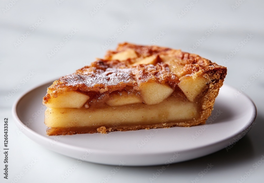 Delicious slice of apple pie with golden crust and fresh apple filling displayed on white plate against marble background Delicious slice of apple pie with golden crust and fresh apple filling displayed on white plate against marble background