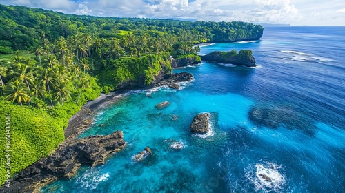 Picturesque coastal drive lined with swaying palm trees and breathtaking views of the azure ocean in the tropical paradise of Samoa Islands.