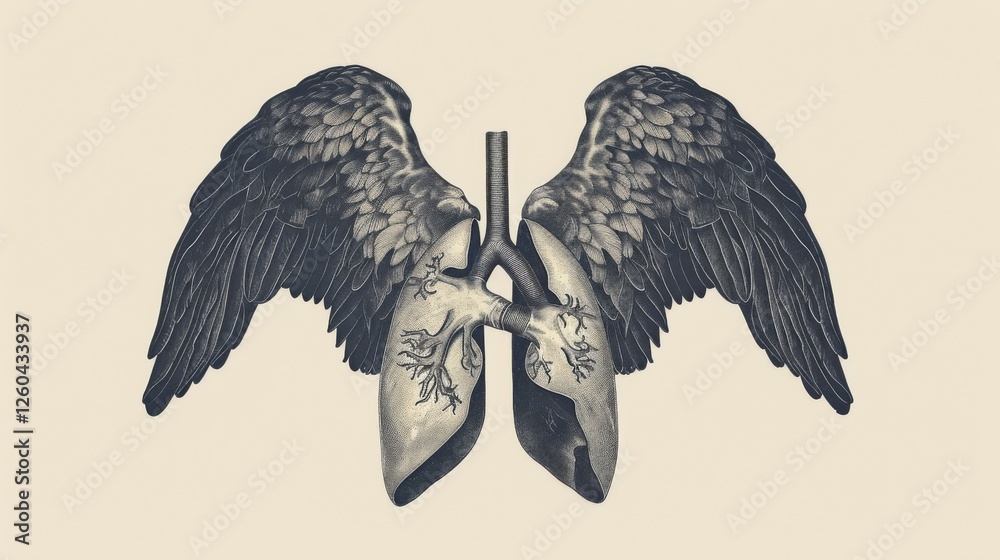Striking artwork of lungs with detailed wings, blending anatomical precision and artistic expression. The surreal design explores themes of freedom and life. AI generated.