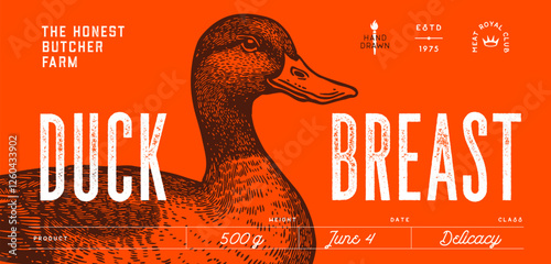 Duck, mallard sketch. Hand drawn sketch. Meat tag, food label template. Vintage retro print, black white Duck, mallard drake drawing. Silhouette duck, mallard drake. Vector Illustration