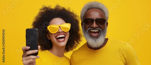 Man and a woman standing side by side, both wearing yellow t-shirts and sunglasses. the woman is holding up a black smartphone in her hand and is taking a selfie with her phone. photo