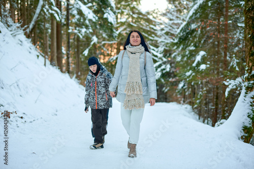 Woman and Boy Walking Hand in Hand in Snowy Forest, Serene Winter Scene with Snow-Covered Evergreen Trees, Soft Sunset Light, Peaceful and Reflective Mood, Perfect for Family and Nature Themes