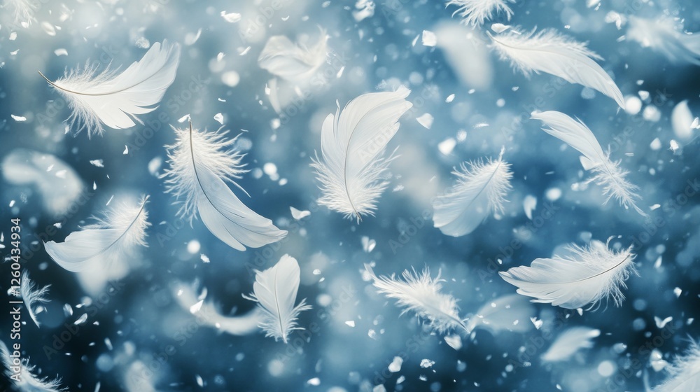 Soft, white feathers drift through the air like snowflakes, creating an ethereal scene of beauty and serenity. Soft, white feathers drift through the air like snowflakes, creating an ethereal scene of beauty and serenity.