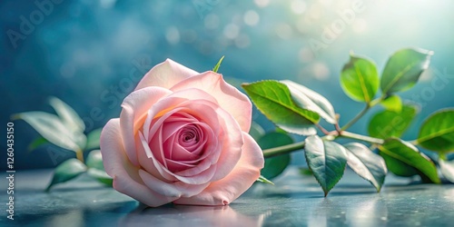 Pastel pink rose blooms gently, a tranquil floral scene on a blue-grey canvas.