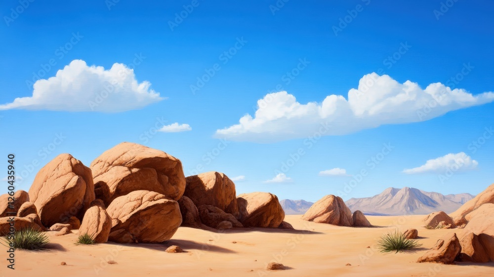 A serene desert landscape featuring majestic rock formations, vibrant blue skies, and soft, fluffy clouds A serene desert landscape featuring majestic rock formations, vibrant blue skies, and soft, fluffy clouds