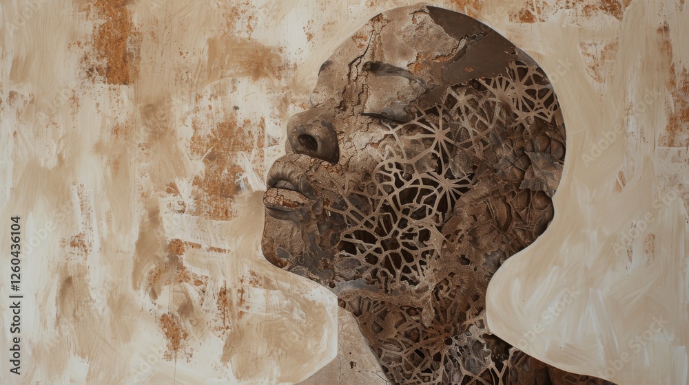 A textured artistic portrait of a contemplative human face, blending organic patterns and earthy tones, evoking a sense of introspection and artistry. AI generated.