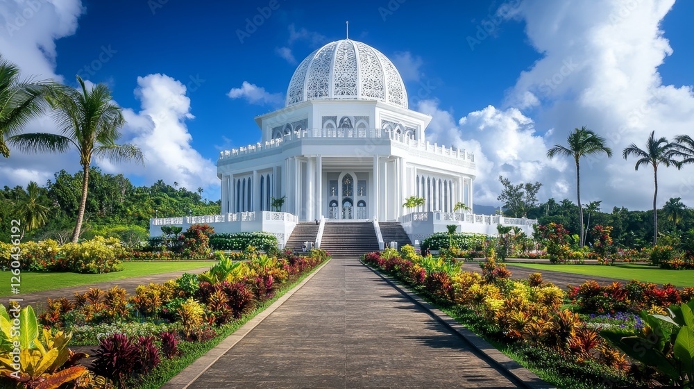 Obraz premium The Baha'i House of Worship in Samoa is a stunning building surrounded by lovely gardens. It's a place where people come together to worship and experience the sacred.