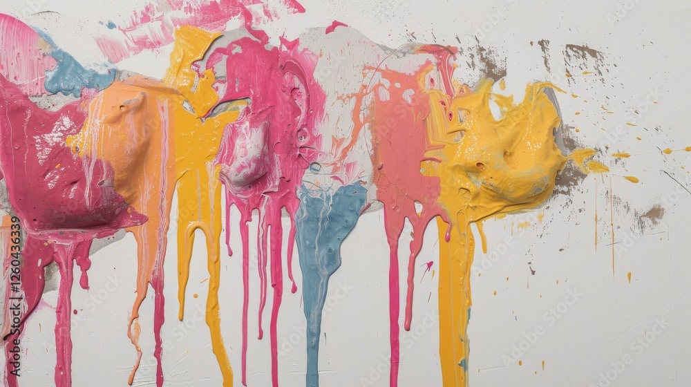 Vibrant abstract artwork featuring colorful paint drips in shades of pink, yellow, blue, and orange, creating a bold, playful composition. AI generated.