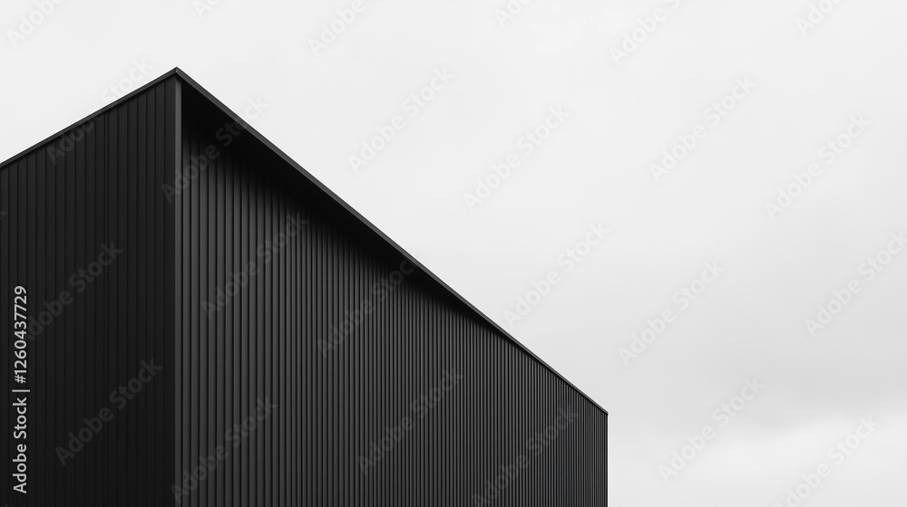 Abstract Architecture: A low-angle perspective captures the sharp lines and geometric precision of a modern building facade, composed of sleek black corrugated panels, against a minimalistic backdrop. Abstract Architecture: A low-angle perspective captures the sharp lines and geometric precision of a modern building facade, composed of sleek black corrugated panels, against a minimalistic backdrop.