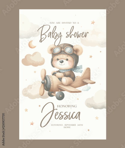 Watercolor invitation card for baby shower with a pilot bear on an airplane.