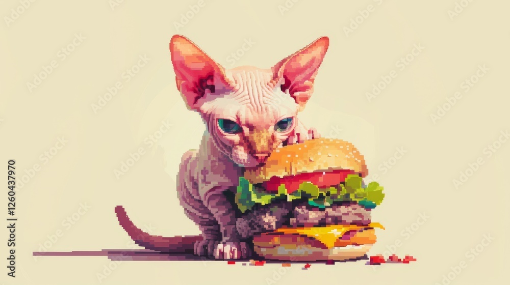 A quirky pixel art illustration featuring a Sphynx cat next to a juicy cheeseburger, blending retro aesthetics with playful charm. AI generated.