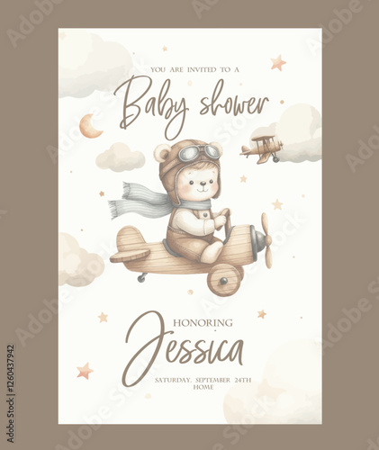 Watercolor invitation card for baby shower with a pilot bear on an airplane.
